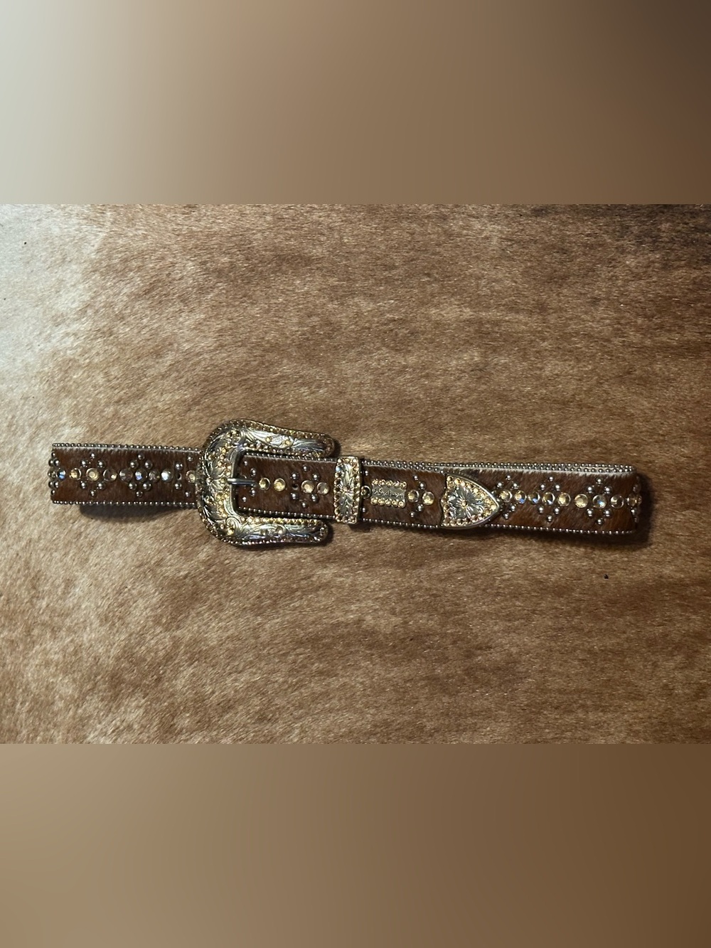 B.B. Simon Brown Hair on  Leather Belt with Swarovski  Crystal Buckle